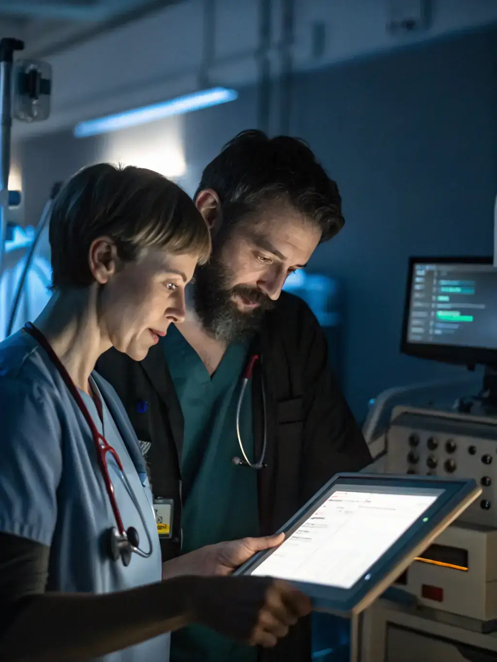 A detailed image of the Nymara AI engine interface, showcasing its user-friendly design and data visualization capabilities, set against a backdrop of medical professionals collaborating.